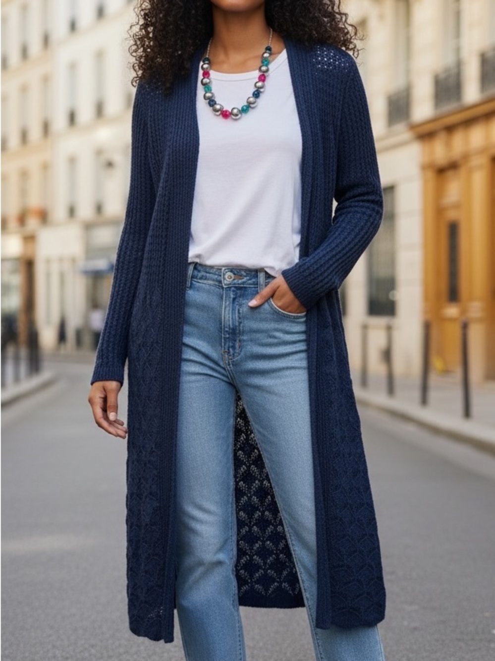 Elegant Navy Blue Open-Knit Cardigan